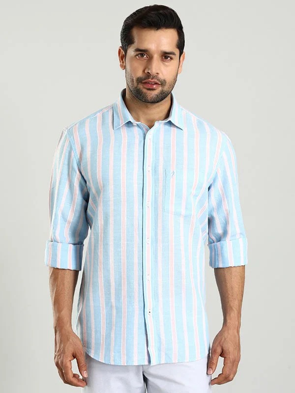 Indian Terrain Men's Regular Fit Full Sleeve Striped Blue Shirt